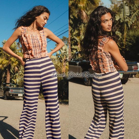 RARE NWT ANTHROPOLOGIE FLAT WHITE Striped Knit Pants. Size L - Picture 13 of 16